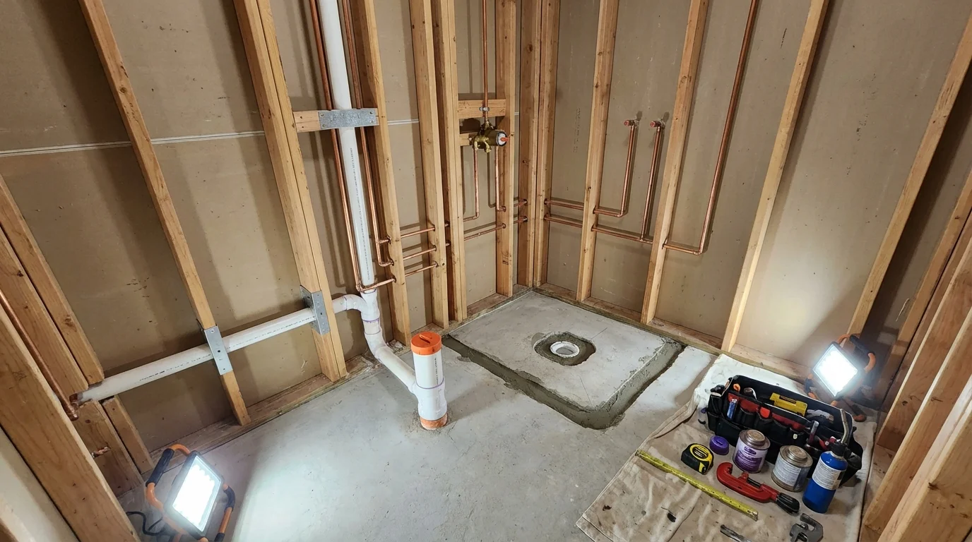 Bathroom rough-in plumbing during remodel by Johns Plumbing LLC in Stapleton