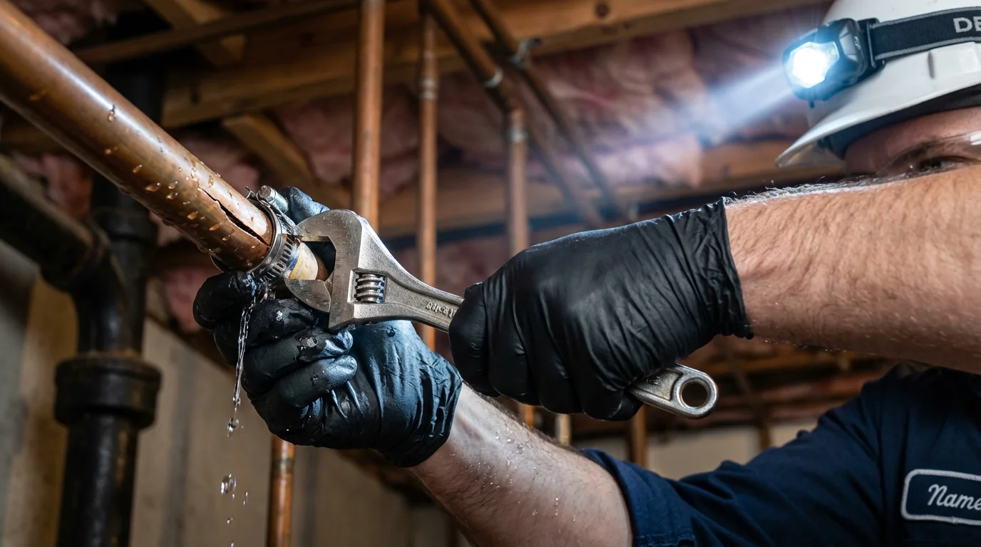 Emergency pipe clamp repair being performed by a Johns Plumbing LLC plumber in Stapleton