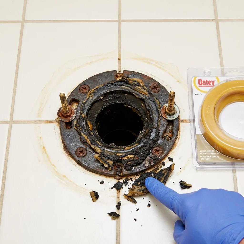 Failed wax ring showing water seepage at the base of a toilet in a Stapleton, NE home