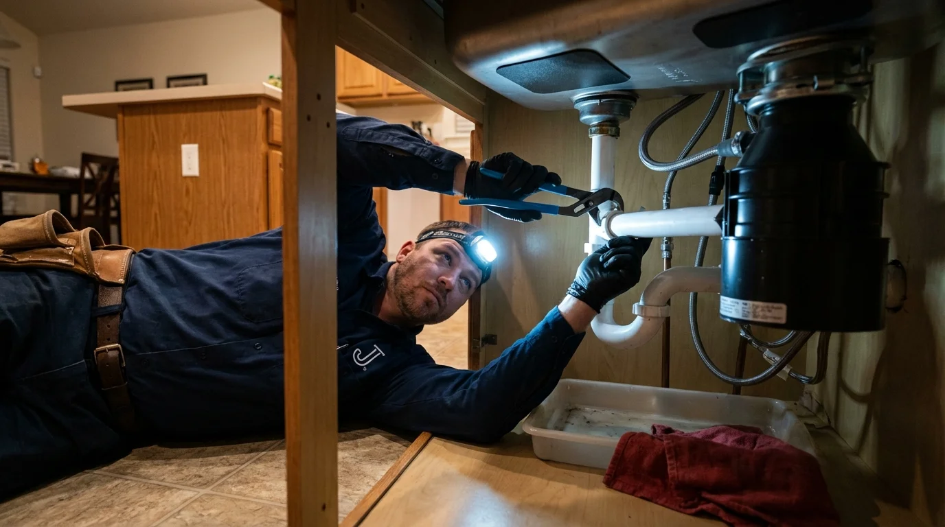 P-trap and supply line connections under a kitchen sink showing a common leak point in Stapleton, NE